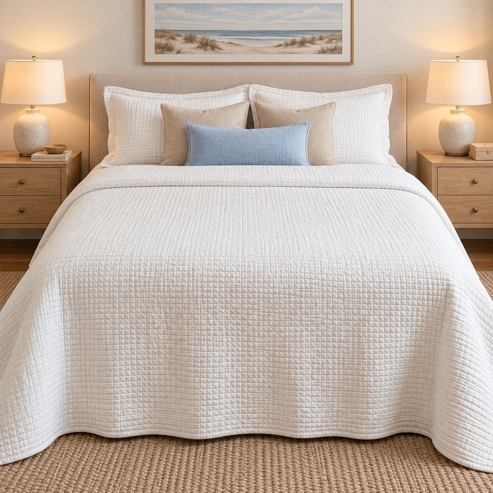 Pottery Barn King White Quilt Linen Cotton Shell Pick Stitch 108x92" Coverlet